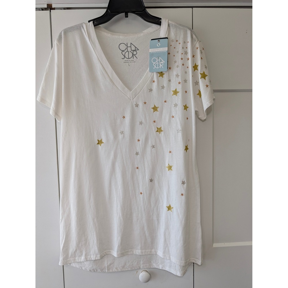 Chaser Womens White Metallic Star Print V-Neck T-Shirt Large New